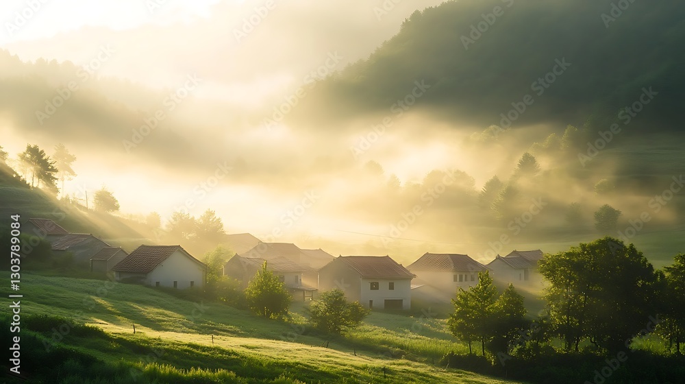 Poster ahmadwahyuutomo776@gmail.com A serene morning view of a small village nestled in a valley, captured in a picturesque landscape image.