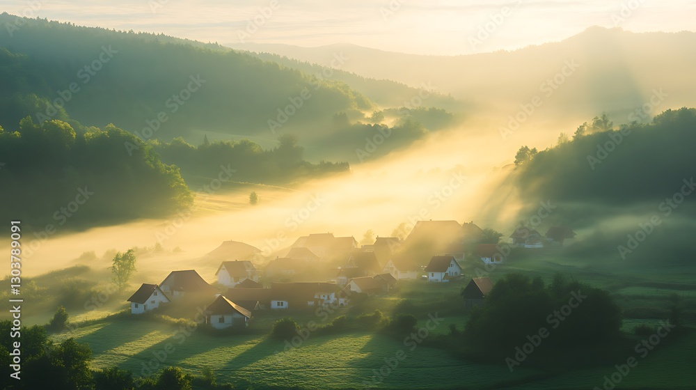 Poster ahmadwahyuutomo776@gmail.com a serene morning view of a small village nestled in a valley, showcasin