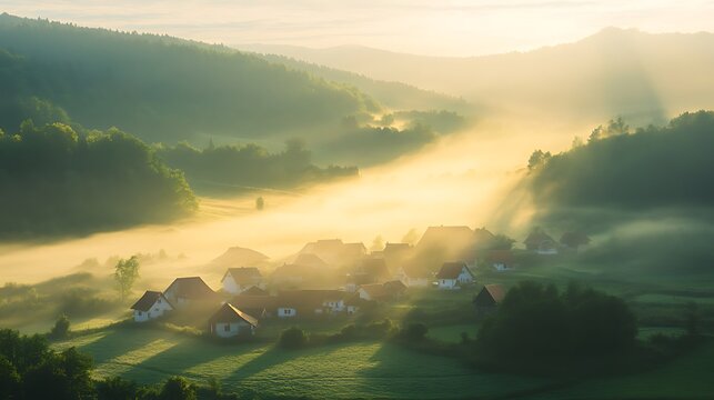 ahmadwahyuutomo776@gmail.com A serene morning view of a small village nestled in a valley, showcasing natural beauty and tranquility.