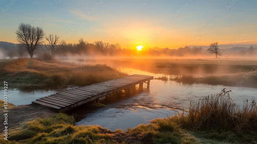 Aufkleber ahmadwahyuutomo776@gmail.com A serene wooden bridge spans a foggy river at sunrise, creating a tranquil landscape scene.