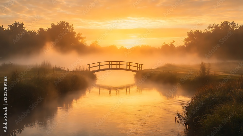 Poster ahmadwahyuutomo776@gmail.com A small wooden bridge spanning a foggy river at sunrise, creating a serene and picturesque scene.