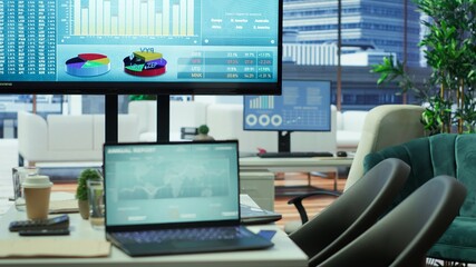 Fototapeta premium Business associates reviewing key performance indicators within the enterprise activity. Conducting evaluations and discuss training to foster development, enhance team efficiency. Camera A.