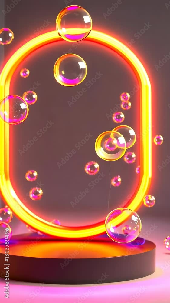 Poster vibrant neon geometric display with floating bubbles creating a lively atmosphere