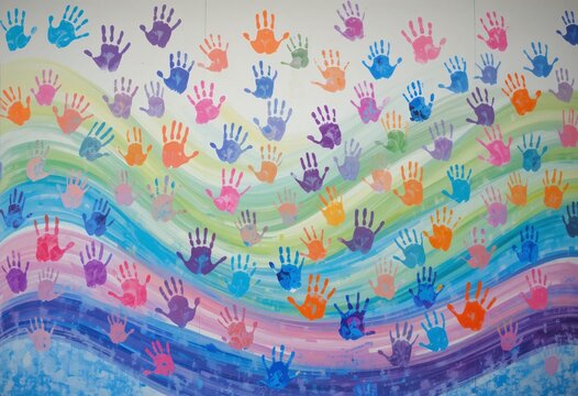 Handprint Harmony. Colorful Prints On Gradient Waves Canvas. Community Art Project Featuring Pastel Shades Of Pink, Blue, Orange, Green, Purple. Creative Mural For Children's Spaces, Promoting