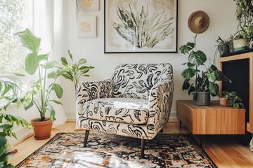Stylish Modern Armchair Home Decor Black White Patterned Upholstery Comfortable Living Room Interior Design Relaxing Cozy Room Apartment Home         