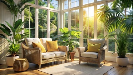 Obraz premium Sunlit Tropical Retreat: Indoor Botanical Decor & Cozy Nook