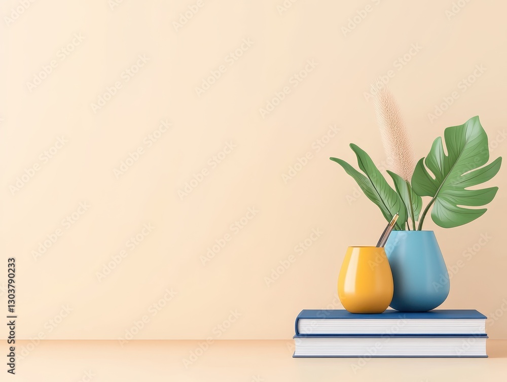 Poster a serene still life featuring colorful vases with foliage on stacked books against a soft background