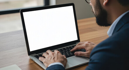 A businessman using a laptop with a blank screen. while enjoying a coffee. computer mockup