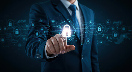 In a contemporary office, a businessman engages with a virtual screen showcasing various cybersecurity elements, including digital locks, representing data protection efforts