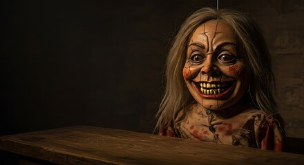 Creepy Smiling Doll with Cracked Face and Bloodstained Dress Suspended Above Table