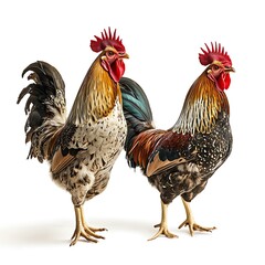 Brown roosters, showcasing their vibrant feathers and unique crowing posture, captured in mid-motion The roosters are isolated on white background