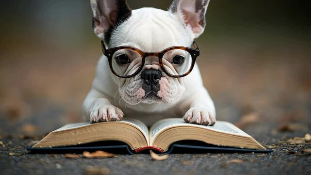 French bulldog wearing glasses reading a book on a leaf-covered surface in a serene outdoor setting