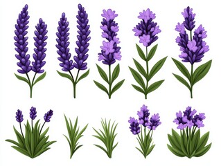 Fototapeta premium A vibrant collection of lavender flowers in various stages of bloom, showcasing their beauty and diversity against a clean white background, ideal for botanical illustrations or floral design projects