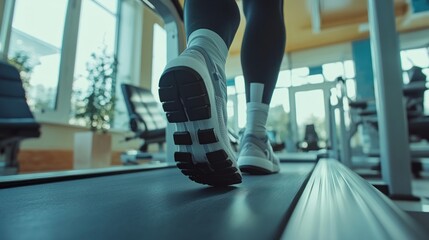 Obraz premium Closeup of Feet Running on Treadmill in Modern Gym