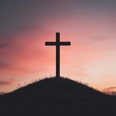 Easter Holiday, Easter Concept, Silhouette of Cross on Hilltop at Sunset Religious Symbol Faith Hope Spiritual