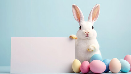 Obraz premium Easter bunny holding Empty white board mockup on pastel blue background with colorful eggs 