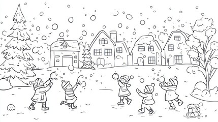 Fototapeta premium Children playing snowballs in a snowy village. Possible use Coloring book illustration