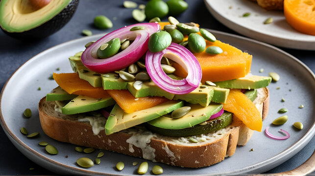 a sumptuous freshly sliced avocado on toasted sourdough, topped with pickled red onions and a sprinkle of pumpkin seeds - Powered by Adobe
