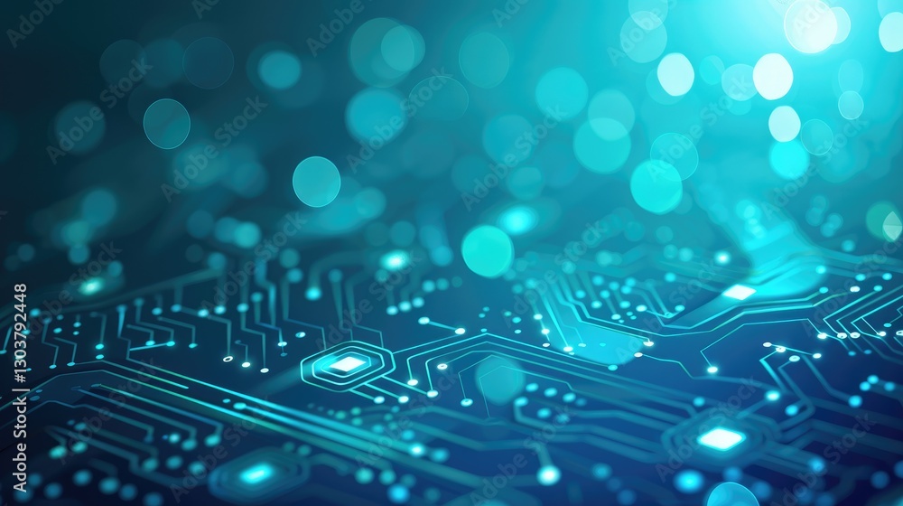 Poster abstract technology background with blue bokeh and circuit patterns