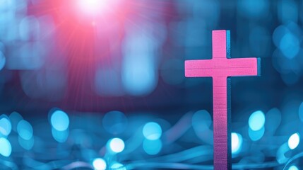 Wooden Cross with Soft Focus Background and Colorful Lights