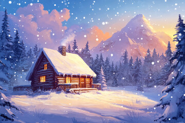 Fototapeta premium Cozy log cabin with a snowy roof in a winter wonderland