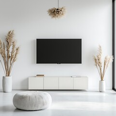 Cabinet and wall for TV in a living room with white walls, showcasing minimalist design and a functional layout, isolated on white background