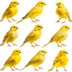 Canary birds, each with bright yellow feathers and lively expressions, isolated on white background
