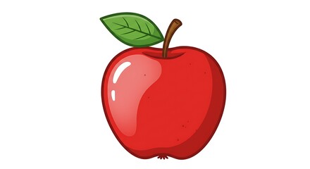 Shiny Red Apple Cartoon Illustration with Green Leaf and Stem