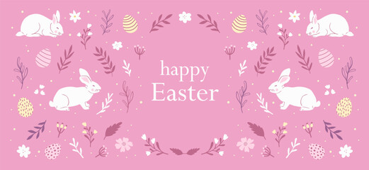 Easter cute greeting card design with cute white rabbits flowers and Easter eggs. Vector illustration.	