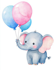 Cute baby elephant holding pastel balloons in joyful scene