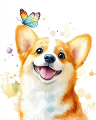 Smiling corgi with butterfly its nose, showcasing joy and playfulness. This adorable pet illustration captures cheerful moment vibrant colors