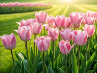 Fototapeta premium pink tulips in the garden. tulip, flower, pink, spring, tulips, nature, garden, flowers, beauty, field, flora, blossom, plant, bloom, red, color, floral, purple, beautiful, blooming, petal, park, stem