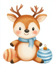 Sweet baby deer with antlers, sitting with ornaments in soft pastel colors
