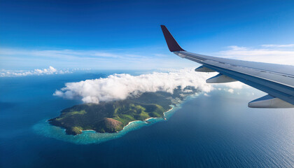Fototapeta premium An airplane soars above tropical islands and the deep blue ocean, with fluffy white clouds scattered across the sky.