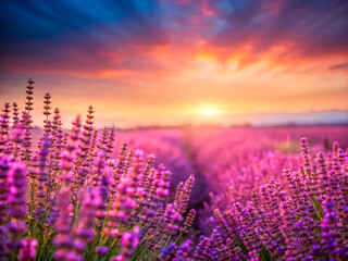 Naklejka premium lavender field at sunset. field, flower, landscape, lavender, summer, nature, sky, purple, flowers, meadow, spring, plant, green, sunset, grass, blue, countryside, france, beautiful, rural, sun, prove