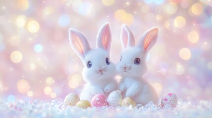 Two adorable bunnies sitting on a pastel background with colorful easter eggs and spring flowers, festive springtime scene with soft bokeh light.



