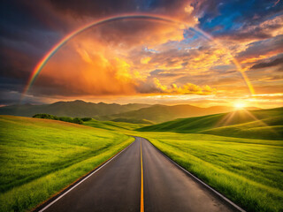 Obraz premium sunset over the field. road, sky, highway, landscape, travel, nature, asphalt, field, horizon, sunset, rainbow, sun, grass, cloud, rural, clouds, way, summer, sunrise, journey, country, green, street,