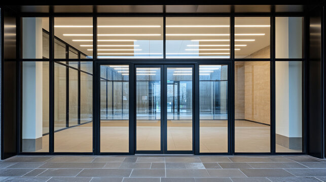 A spacious, contemporary entrance features sleek glass doors framed by black metal. The bright interior illuminates a clean design filled with natural light, inviting exploration