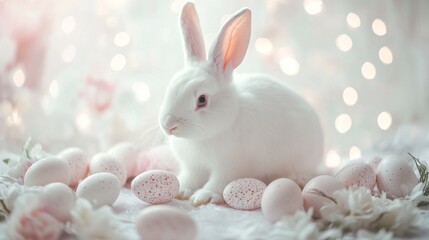 White easter rabbit surrounded by colorful easter eggs on green grass with soft floral blurred background, symbolizing spring holiday celebration.


