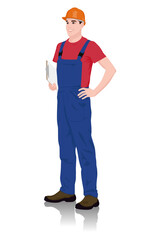 Smiling construction worker in blue overalls wearing safety helmet holding a clipboard. Professional builder standing confidently with hand on hip. Vector flat style illustration isolated on white