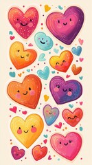 Cute Colorful Smiling Hearts Pattern Illustration