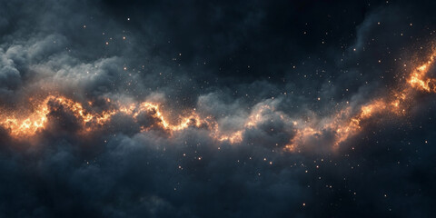 Dark, ominous scene with smoke and explosions indicating a chaotic battle or wartime situation. 
