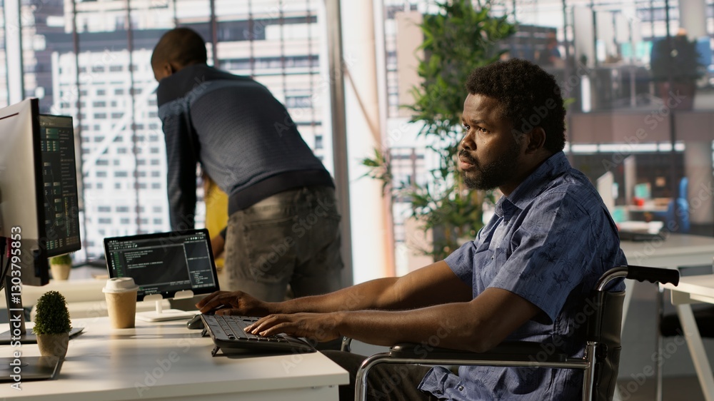 Poster software technician with disability in inclusive workplace working with machine learning tech. afric