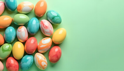 Obraz premium A festive layout of easter eggs on a green surface