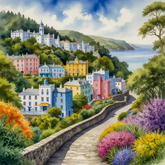 Fototapeta premium watercolor of Portmeirion Village, with its colorful Italianate buildings nestled in the hills of Gwynedd
