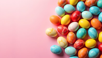 Obraz premium Easter eggs in mixed colors resting on a pink background