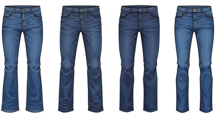 Four Pairs of Stylish Blue Jeans. Isolated on Transparent Background.