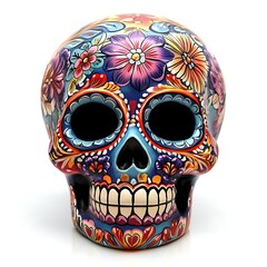 Cinco de Mayo sugar skull, decorated with vibrant colors and intricate details, isolated on white background