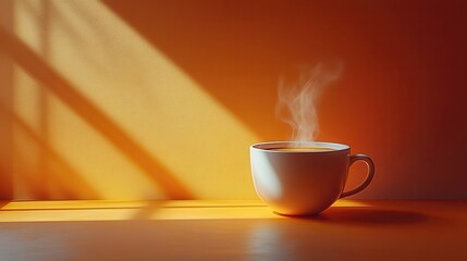 This is an emotional photo of a freshly brewed smoky cappuccino in a white mug in an all brown room with a window letting in the sunlight.