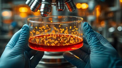 Scientist holding petri dish with liquid sample under microscope
